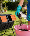 Person using Two Chamber Outdoor Compost Bin With 170L Capacity, Dual Reversing Drum, composting in garden