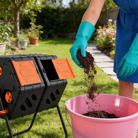 Person using Two Chamber Outdoor Compost Bin With 170L Capacity, Dual Reversing Drum, composting in garden