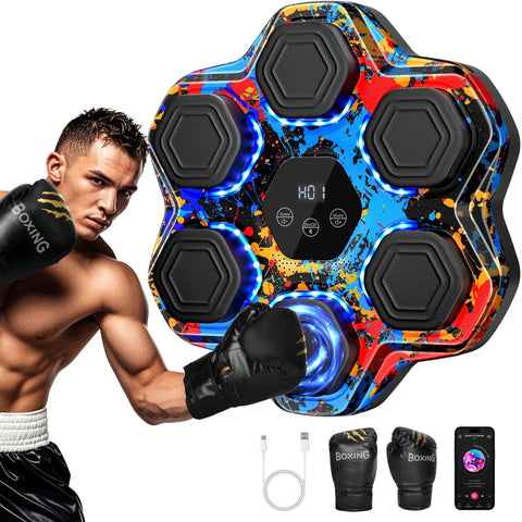 Smart Bluetooth Boxing Trainer With Gloves, Wall Mounted Punching Machine with LED display, showing a man using it.