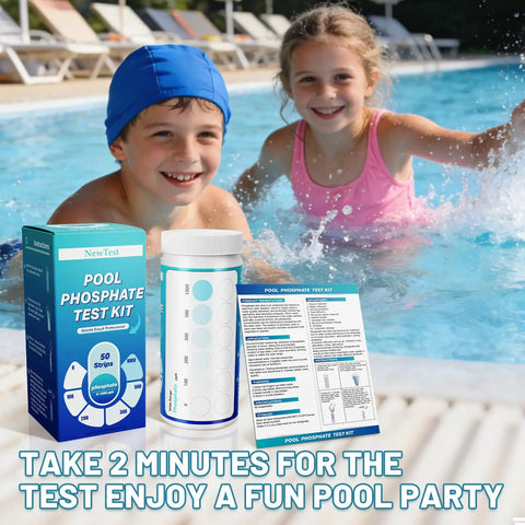 Pro Grade Pool Phosphate Test Strips 50 Count for hot tub chemistry testing alongside kids playing in a pool.