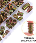Badass Zinc Alloy Threaded Insert Nuts With Hex Socket Screws And Included Driver For Zero Sweat Furniture Assembly On Cabinets Tables Sofas And Shelves 230 Piece Go To Hardware Kit in transparent organizer.