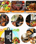 Collage showing Insulated Meat Resting Blanket For BBQ And Smoking, retaining heat, enhancing tenderness with various meat dishes
