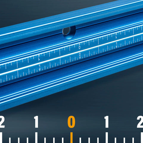 Close-up of 36 Inch Universal T Track With Double Cut Profile and Laser Etched Measurements, showcasing blue aluminum and scale.