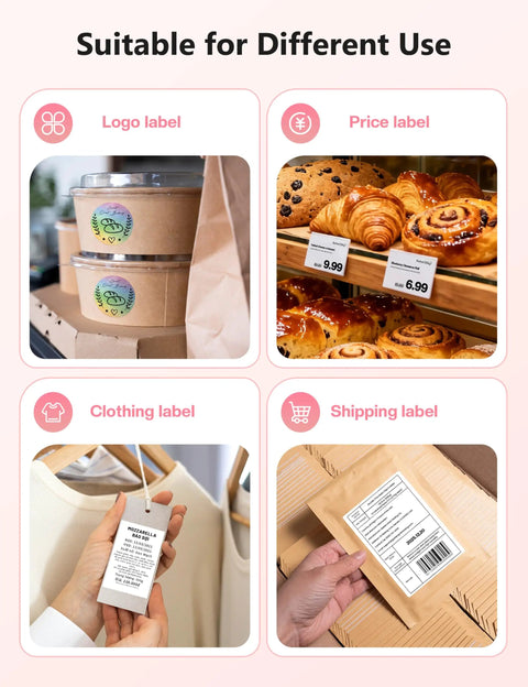 Image showing uses for Bluetooth Thermal Label Printer For 4x6 Shipping Labels, Wireless, Pink for logo, price, clothing, and shipping labels