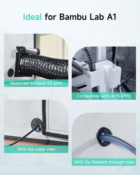 Reserved exhaust port and AMS compatibility on Large Size 3D Printer Enclosure For Bambu Lab A1 With LED Light And Quiet Design, Fireproof Waterproof Dustproof, Noise Reduction, Constant Temperature Climate Control, Enhanced Print Quality, 580x670x670mm.