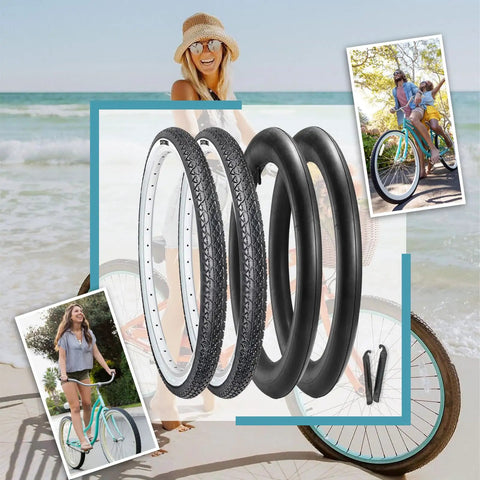 2 Pack Cruiser Bike Tires With Inner Tubes And Tire Levers, 26x2.125 Inch Folding Replacement Tires, white wall, beach background