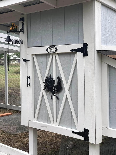 8 Inch Heavy Duty T Strap Hinge Set With Screws Black Finish installed on barn door, decorative and durable, ideal for outdoor use