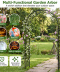 7.2 Ft Outdoor Steel Garden Arch Arbor With Stakes, wide sturdy black metal archway for climbing plants in garden setting