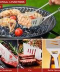 Person using 15 Piece Grill Set With Carrying Case Stainless Steel BBQ Tools Kit's 4 in 1 spatula on grill and showing features.