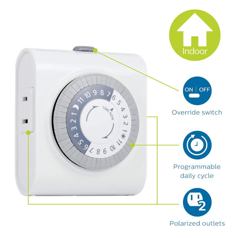 24 Hour Mechanical Timer Outlet With Two Polarized Plugs, White Exterior For Auto Lighting, side view showing dial and outlets.