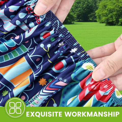Close-up of fitted spandex tablecloth for 6 foot rectangle tables with elastic edge, featuring a colorful Paisley pattern.