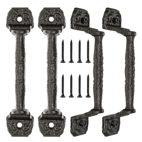 Sliding Barn Door Handles Set Of 4 In Dark Brown Cast Iron With Vintage Rustic Finish, hardware screws included.