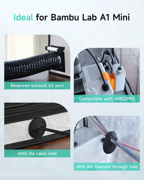 Heavy Duty 3D Printer Enclosure For Bambu Lab A1 Mini With Integrated Led And Temp Control Built To Keep Your Workspace Chill And Crush All Warping Stress For Nailed Prints Daily In Sleek Light Grey, showing exhaust kit port and cable inlets.