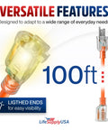 Heavy Duty Rugged No Nonsense 100 Foot Extension Cord 10 3 Awg 3 Prong Grounded Power Cable Grease Proof 15 Amp 125 Volt Orange with lighted ends.