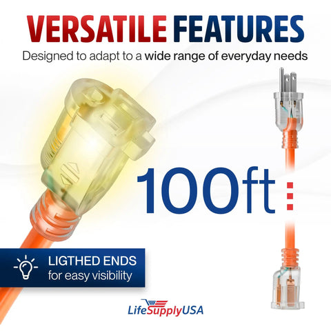 Heavy Duty Rugged No Nonsense 100 Foot Extension Cord 10 3 Awg 3 Prong Grounded Power Cable Grease Proof 15 Amp 125 Volt Orange with lighted ends.