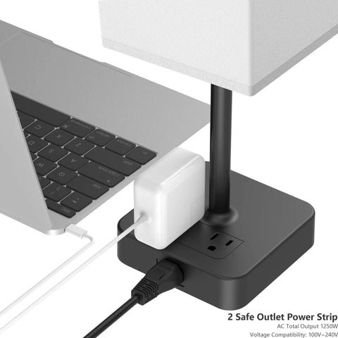 Touch Control Bedside Table Lamp With USB-C USB-A Ports And Two AC Outlets, LED Desk Light With power strip close-up