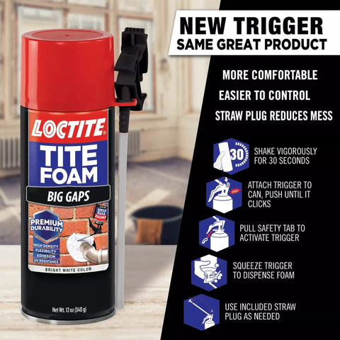 Big Gaps Spray Foam Sealant That Expands To Fill And Insulate Up To Three Inches, 12 Fl Oz Can with dispensing instructions.
