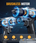 Pro Grade Two Speed Cordless Drill And Impact Driver Combo Kit With Two Long Lasting Lithium Ion Batteries showing brushless motors for enhanced performance.