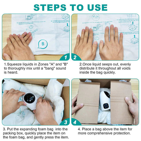 Steps to use Eight Pack 16 By 14 Inch Quick Expand Foam Bags For Shipping, showing liquid mixing and packing process.