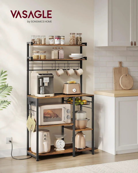 Top Tier Metal Baker Rack With Microwave Stand Rock Solid Kitchen Storage Shelf featuring organized microwave, coffee maker, hooks, and baskets.