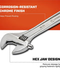 10 Inch Adjustable Wrench With Large Knurl And Hex Jaw, Chrome Plated To Resist Rust And Corrosion, shown with hex jaw design.