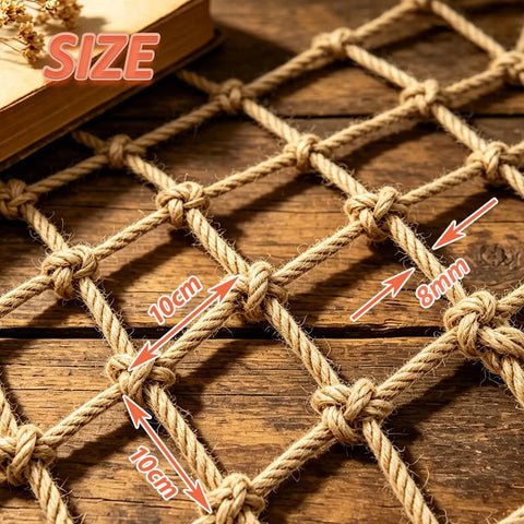 Heavy Duty Natural Jute Hemp Rope Net For Balcony And Stair Rails, showing size details, 8mm thick and 10cm grid.