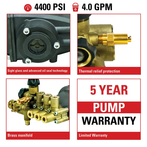 4400 PSI 4.0 GPM Horizontal Replacement Pressure Washer Pump Kit for Power Washers showing features and warranty