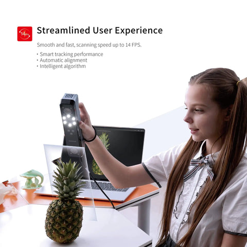 Legit High Resolution Handheld 3D Scanner With Rgb Color Capture And Smart Detail Boost For Sick Body And Hair Scanning At 14Fps Quick Pace in use scanning a pineapple.