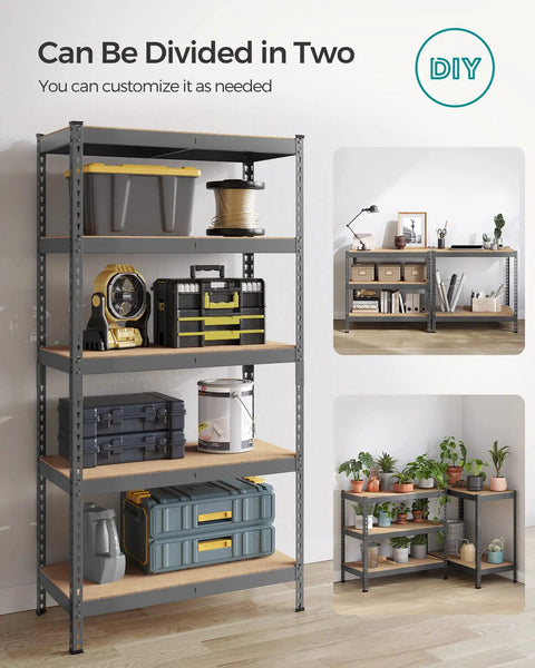 Hella Sturdy Five Tier Storage Shelves Heavy Duty Adjustable Metal Rack with organized tools and plants in gray and beige.
