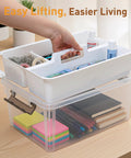 Person lifting tray from 17 Quart Clear Plastic Storage Bins With Four Compartment Removable Tray, Stackable Latching Box