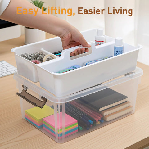 Person lifting tray from 17 Quart Clear Plastic Storage Bins With Four Compartment Removable Tray, Stackable Latching Box
