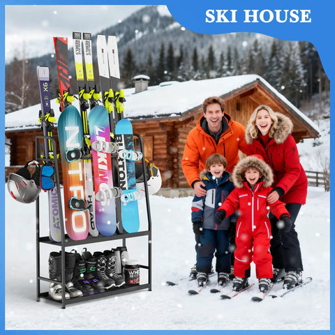 Freestanding Heavy Duty Ski And Snowboard Rack For Garage Storage Holds Four Full Sets Of Gear with colorful skis and boots.