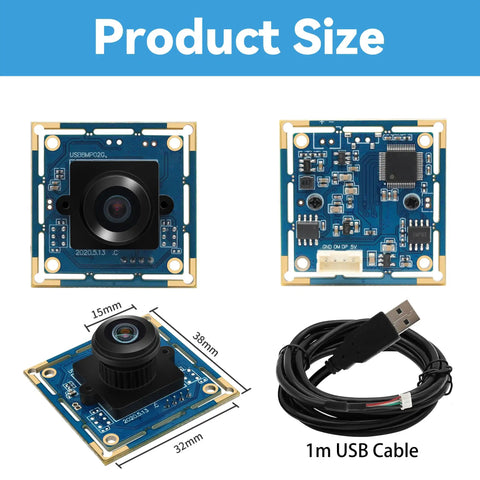 Dimensions and components of 8MP USB Camera Module With 180 Degree Fisheye Lens For Machine Vision And Industrial Automation Ultra Wide Angle Webcam With Wide Field Of View For Linux Windows Android Mac OS Compact Security Web Camera For DIY Projects, including 1m USB cable.