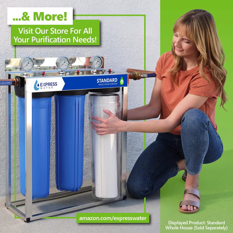 Woman installing a Six Month Reverse Osmosis Replacement Filter Set with Five 10-Inch Filters and 50 GPD Membrane for home use