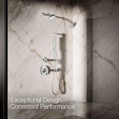 Shift Square Two Function Handshower With 1.75 GPM Flow Polished Chrome Finish installed in modern marble bathroom