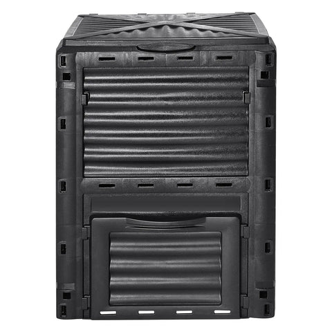 Front view of Garden Compost Bin 80 Gallon Large Outdoor Composter with top lid and bottom door, BPA free, four-sided ventilation.