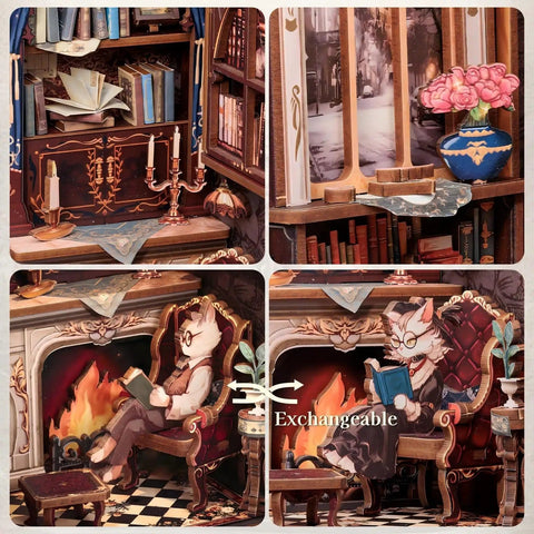 Count Cat's Study Book Nook Kit DIY Miniature Dollhouse For Grownups, 3D Wooden Puzzles, 108 Pieces, Bookshelf Diorama scenes