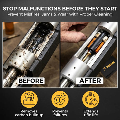 Remington Model 700 Field Cleaning Kit With Quick Action Brush and Tough As Nails Steel Bolt Opener shows before and after cleaning.