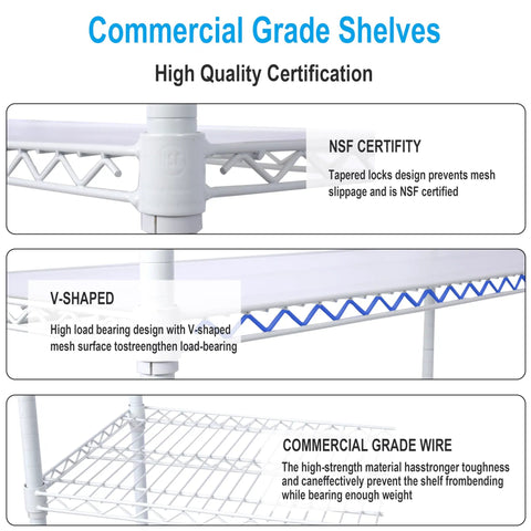 Seven Tier Heavy Duty Wire Shelving Unit With Wheels Adjustable Metal Rolling Rack for Garage Kitchen showing NSF certification details.