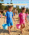 Children on beach with three pack collapsible buckets for kids foldable sand pails for beach sandbox camping and epic summer fun