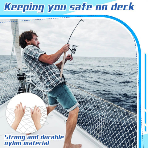 Man fishing on sailboat with Boat Safety Lifeline Netting For Sailboats, Nylon Guardrail Deck Netting, safe and secure on deck