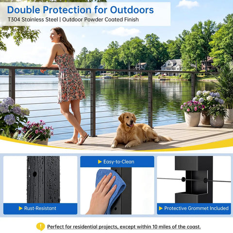 36 Inch Modular Swageless Cable Railing Post Crafted From Tough T304 Stainless Steel With A Fly Matte Black Coating to enhance outdoor spaces.