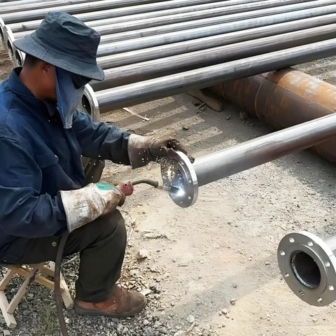 Worker welding 4 Inch Carbon Steel Slip On Flange With Neck Forged A105 Raised Face Class 150 ASME B16 5 2020 Pipe Fittings