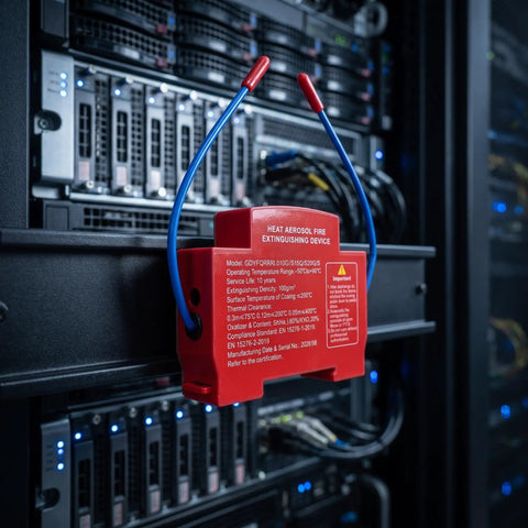 Aerosol Fire Extinguisher for Cars Automatic Self Adhesive Peel and Stick Vehicle Safety Gear in server rack setup.