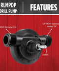 Drill Powered Transfer Pump For Quick Liquid Moves, 154 GPH Black with labeled discharge and suction ports