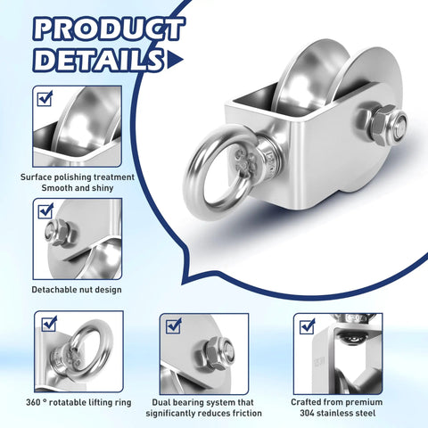 Pro Grade 48mm V Groove Cable Pulley Wheel With Swivel Joints And Dual Ball Bearings, showcasing smooth stainless steel design.