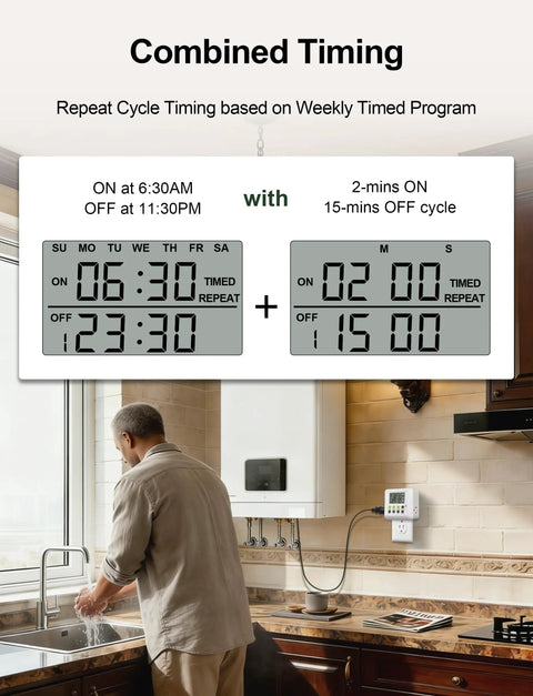 Heavy Duty Dual Outlet Programmable Timer Plug For Set It And Forget It Scheduling Plus Smooth Interval Cycling To Keep Electronics Humming At 15 Amps Indoors display in kitchen with timer settings.