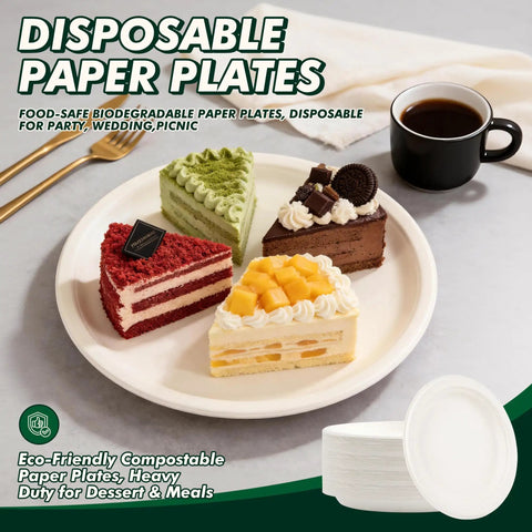 Heavy Duty 10 Inch Compostable Paper Plates 500 Count Round Biodegradable Sugarcane Fiber Dinnerware Microwavable Safe And Leak Proof For Parties Campouts And Everyday Eats with desserts.