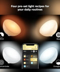 Smart Portable Dimmable Table Lamp for Indoor and Outdoor Use with Color Changing LED Ambiance IP54 Weatherproof Build and Silicone Grip Control via App or Voice Assistant displaying four light modes with smartphone app interface