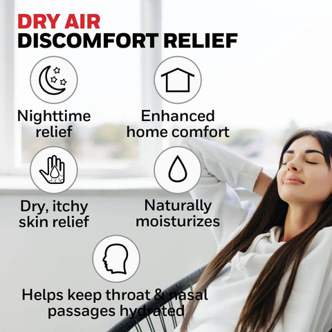 Woman relaxing indoors with dry air discomfort relief icons, highlighting nighttime, skin, and respiratory benefits.